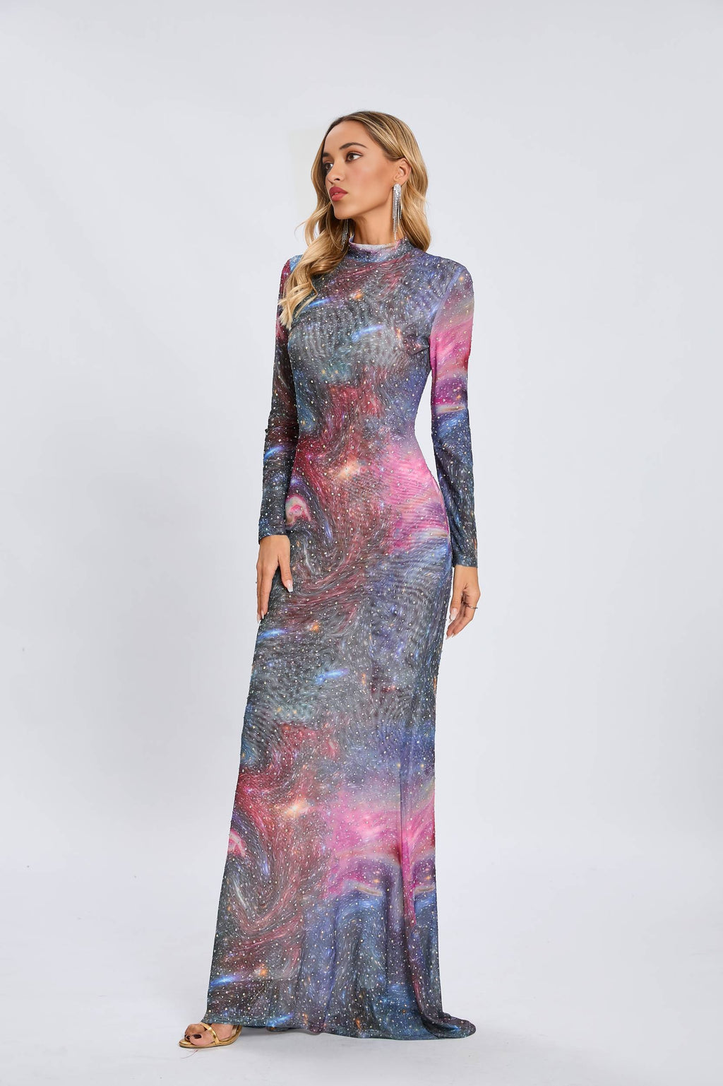 Cosmic Print Long-Sleeve Gown with Tulle Veil