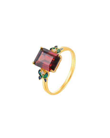 18K Yellow Gold Garnet Zircon Enamel Ring