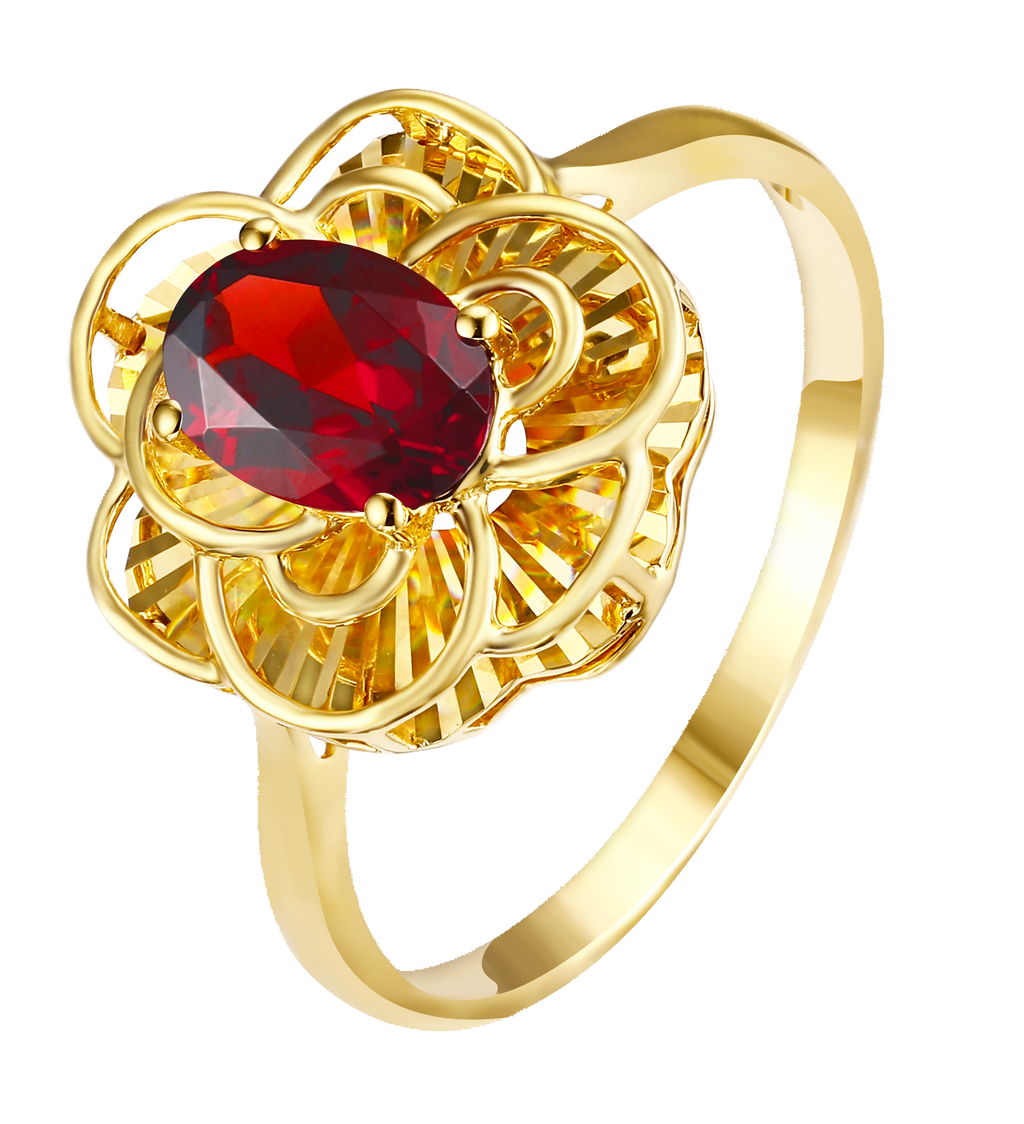 "Plum Bossom" Collection 18K Yellow Gold Garnet Peony Women's Ring