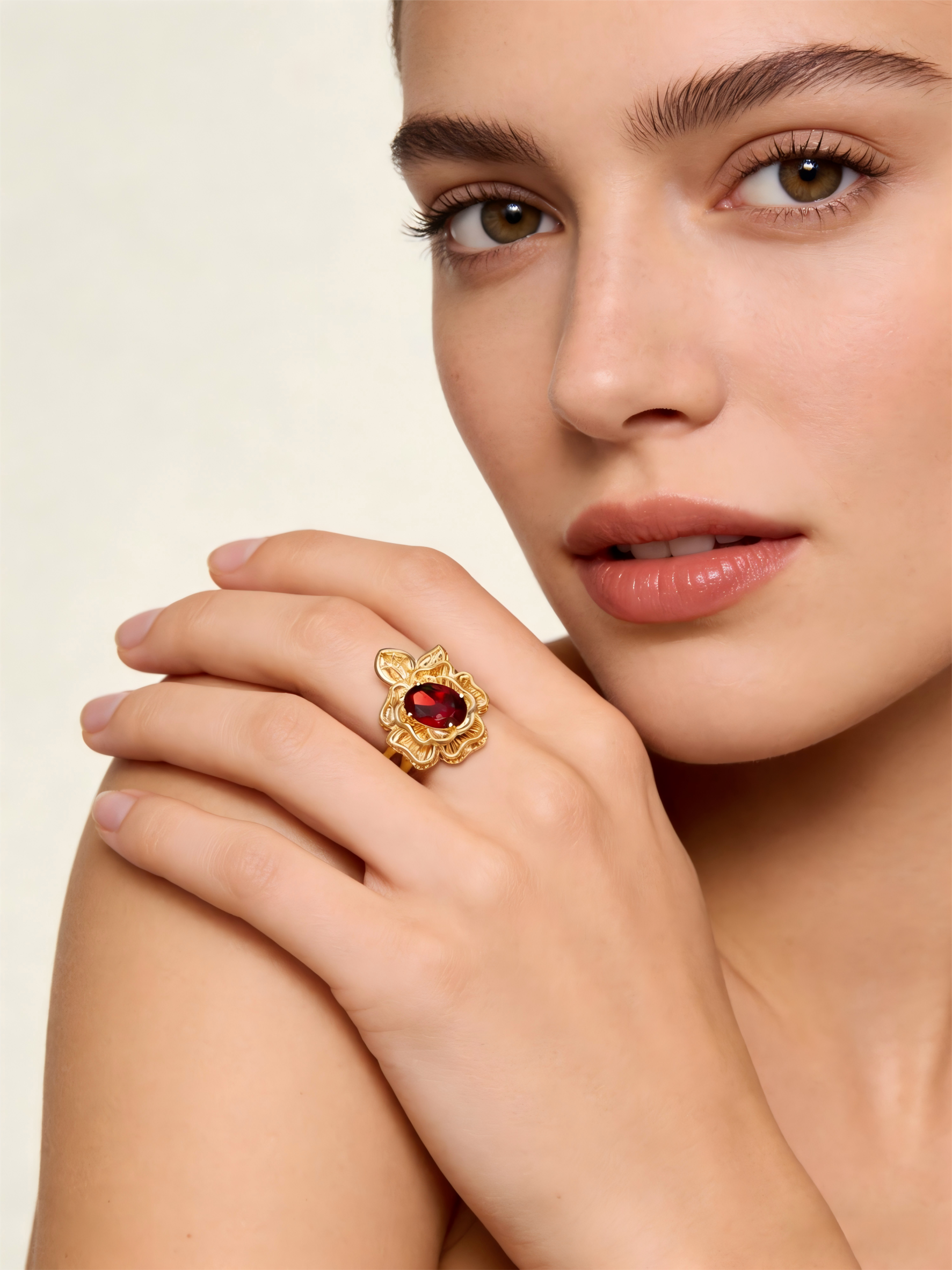 "Heart's Delight" 18K Yellow Gold Garnet Peony Ring for Women