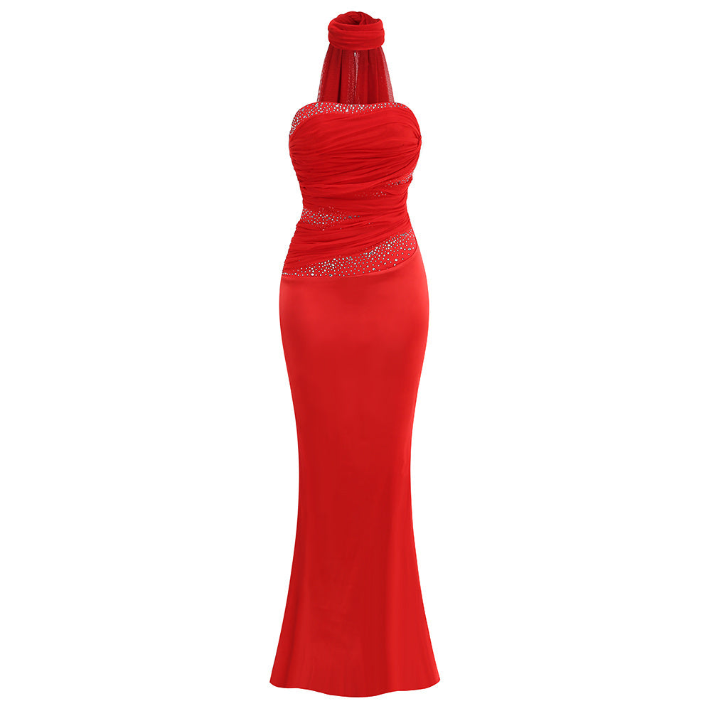 Crimson Satin Strapless Gown