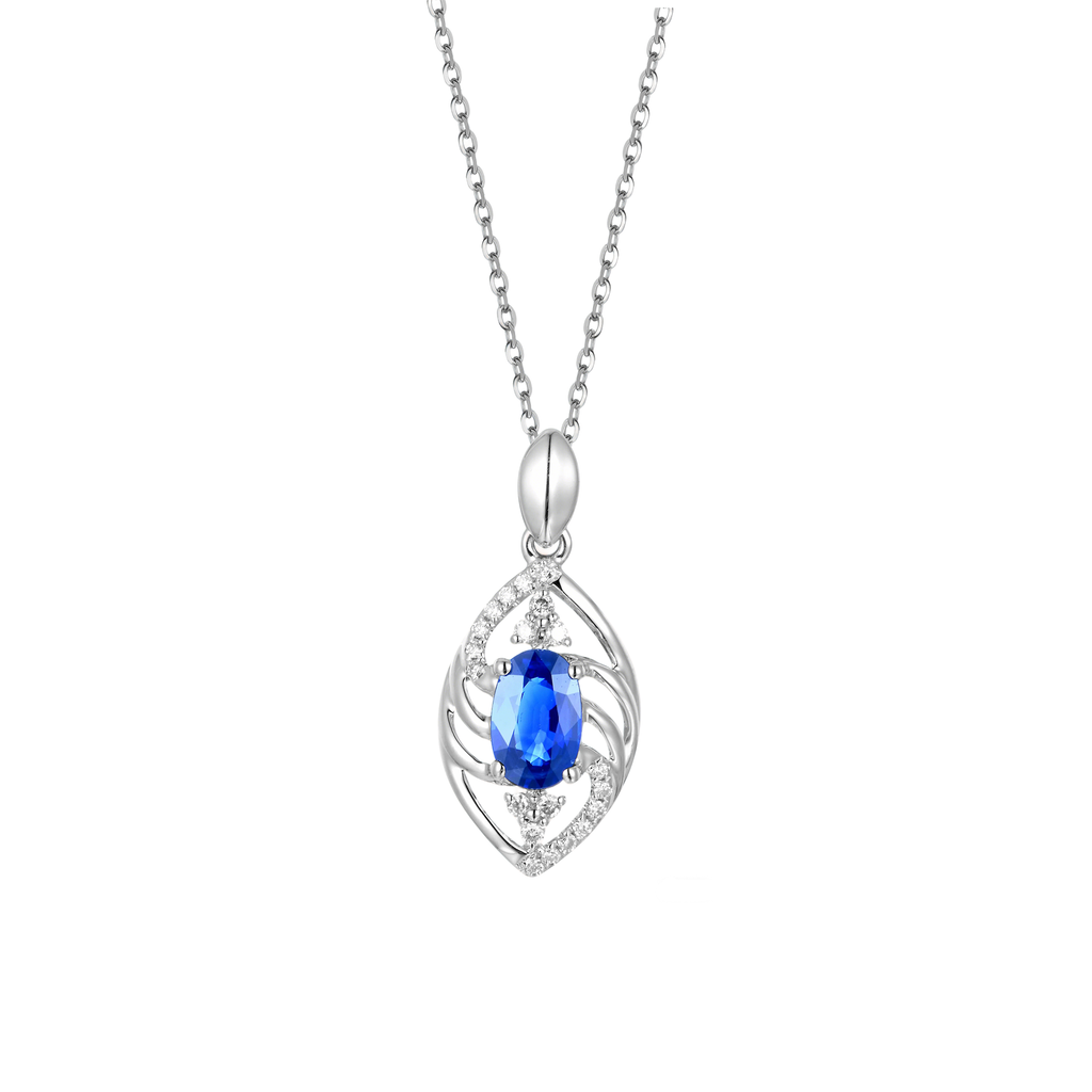 18K White Gold Sapphire Diamond Pendant Necklace