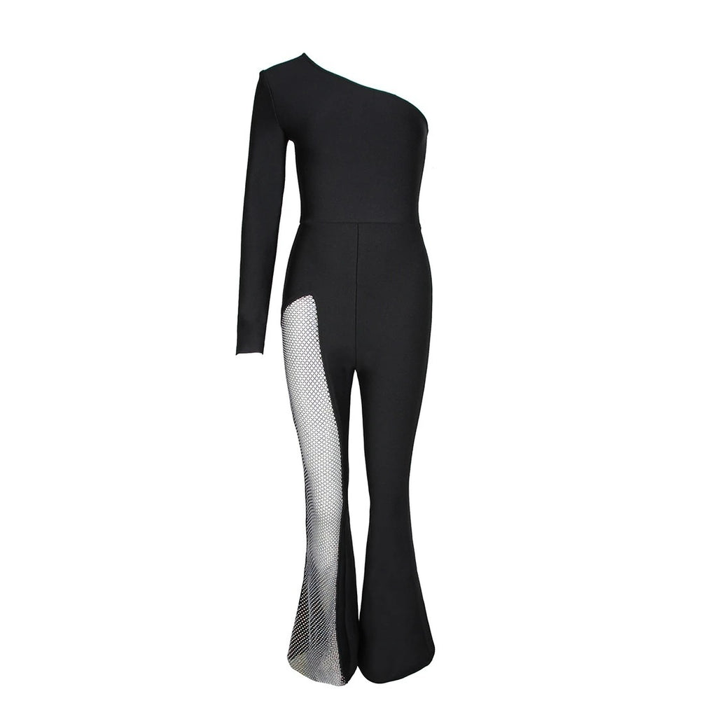 Luxury One-Shoulder Mesh Panel Flared Jumpsuit (Black/White/Red/Green)