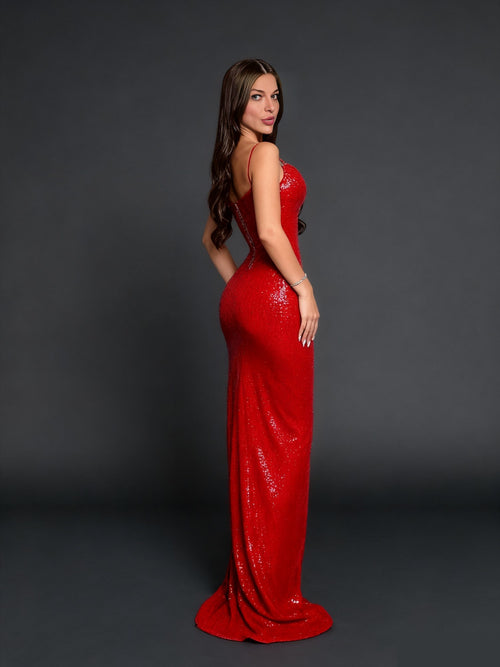 Luxury Red Sequin Spaghetti Strap Twist Front Slit Evening Gown