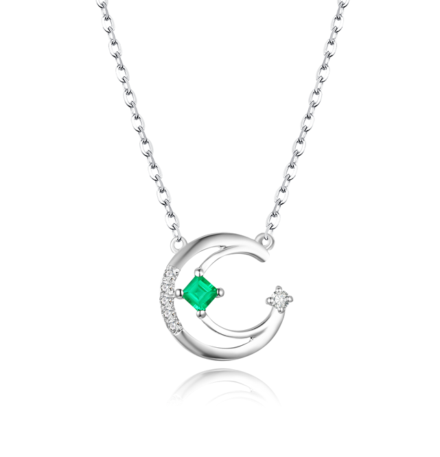 18K White Gold  Emerald Diamond Pendant Necklace Romantic Early Summer Series