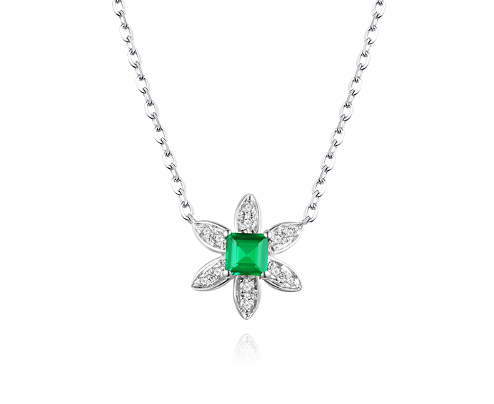 18K White Gold  Emerald Diamond Pendant Necklace Romantic Early Summer Series