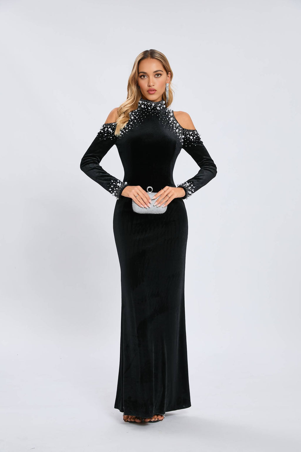 Black Velvet Cold-Shoulder Gown