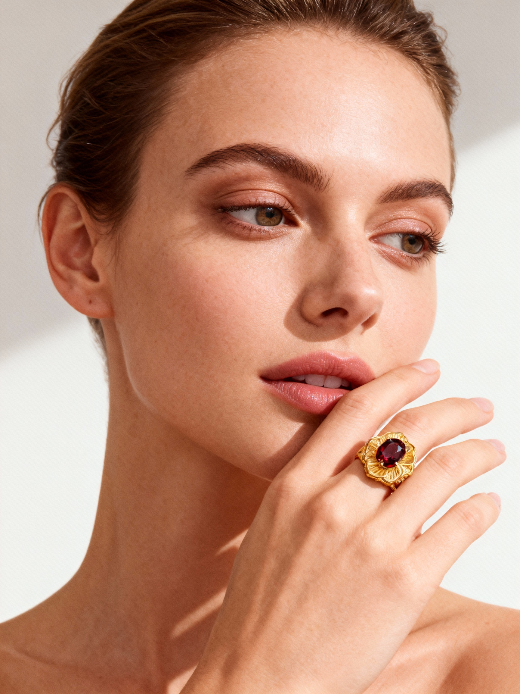 18K Yellow Gold Garnet Zircon Ring "Attracting Wealth and Good Fortune"