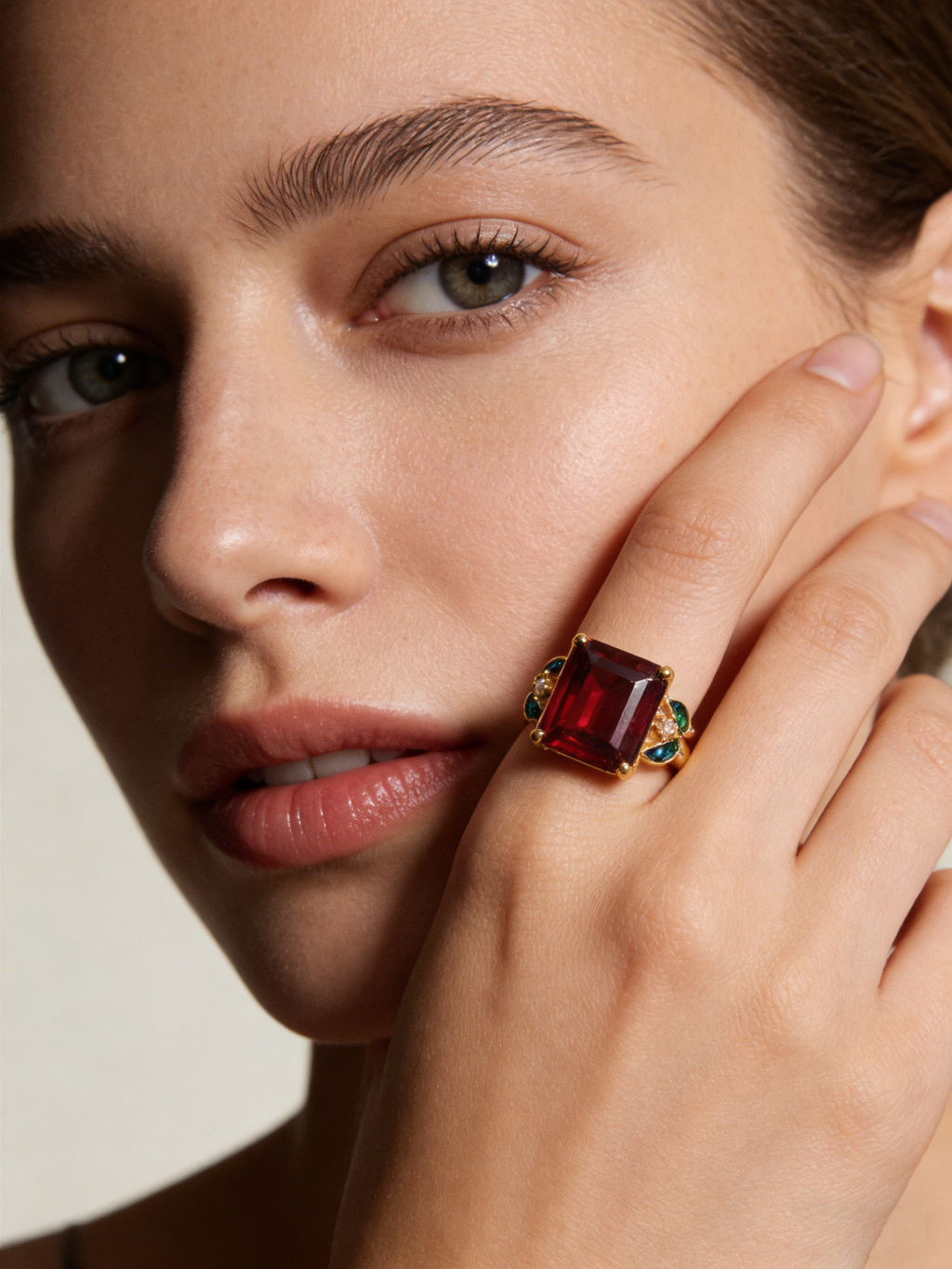 18K Yellow Gold Garnet Zircon Enamel Ring