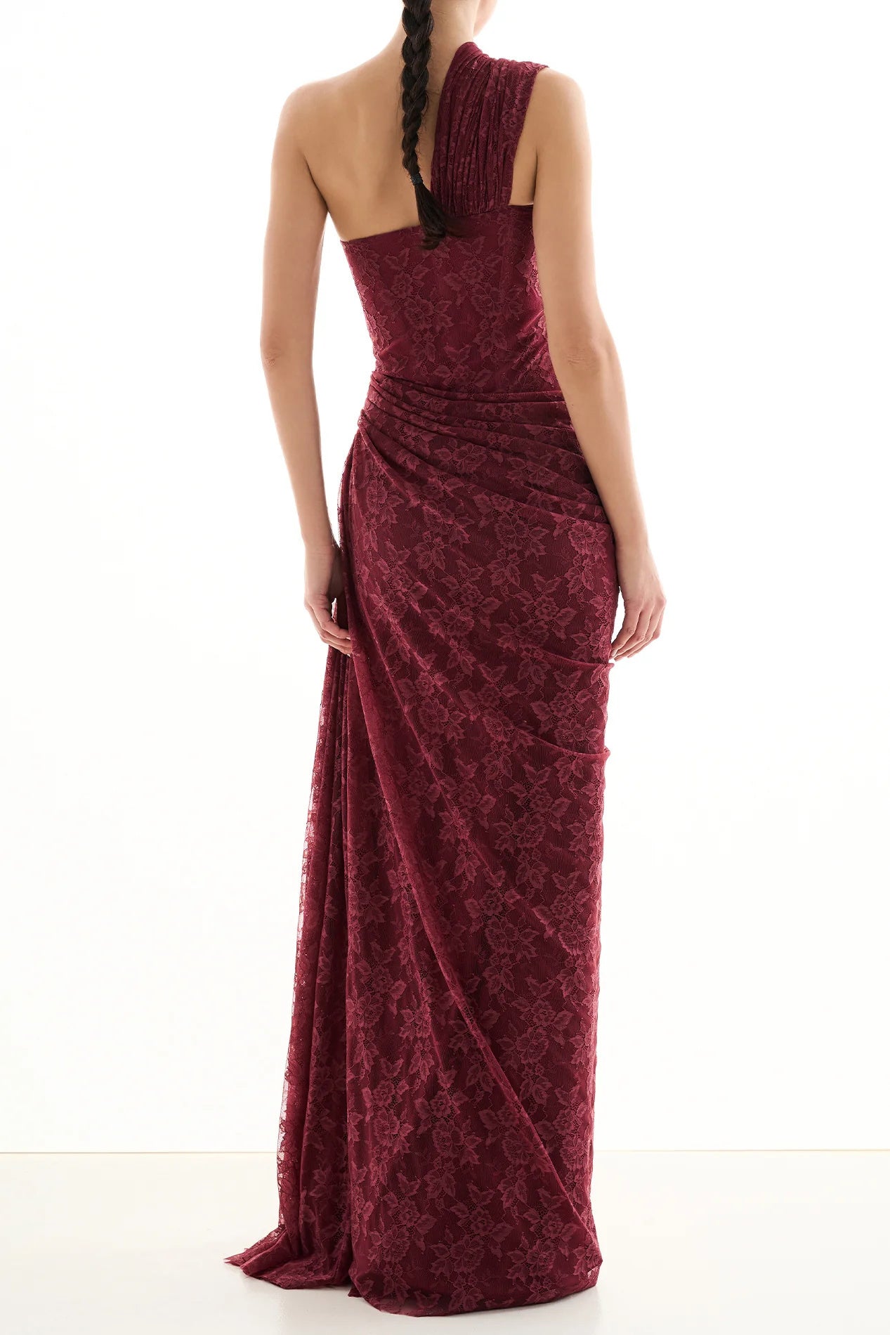 Burgundy One-Shoulder Lace Evening Gown