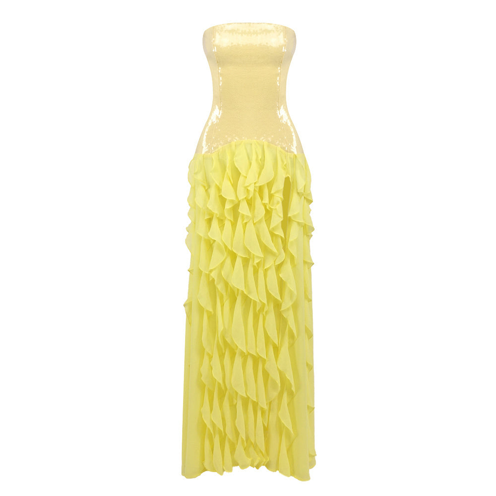 Lemon Drop Strapless Sequin Ruffle Gown
