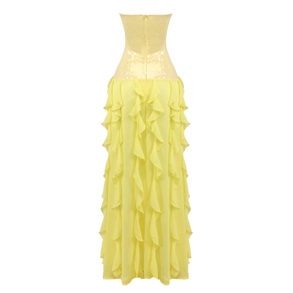 Lemon Drop Strapless Sequin Ruffle Gown