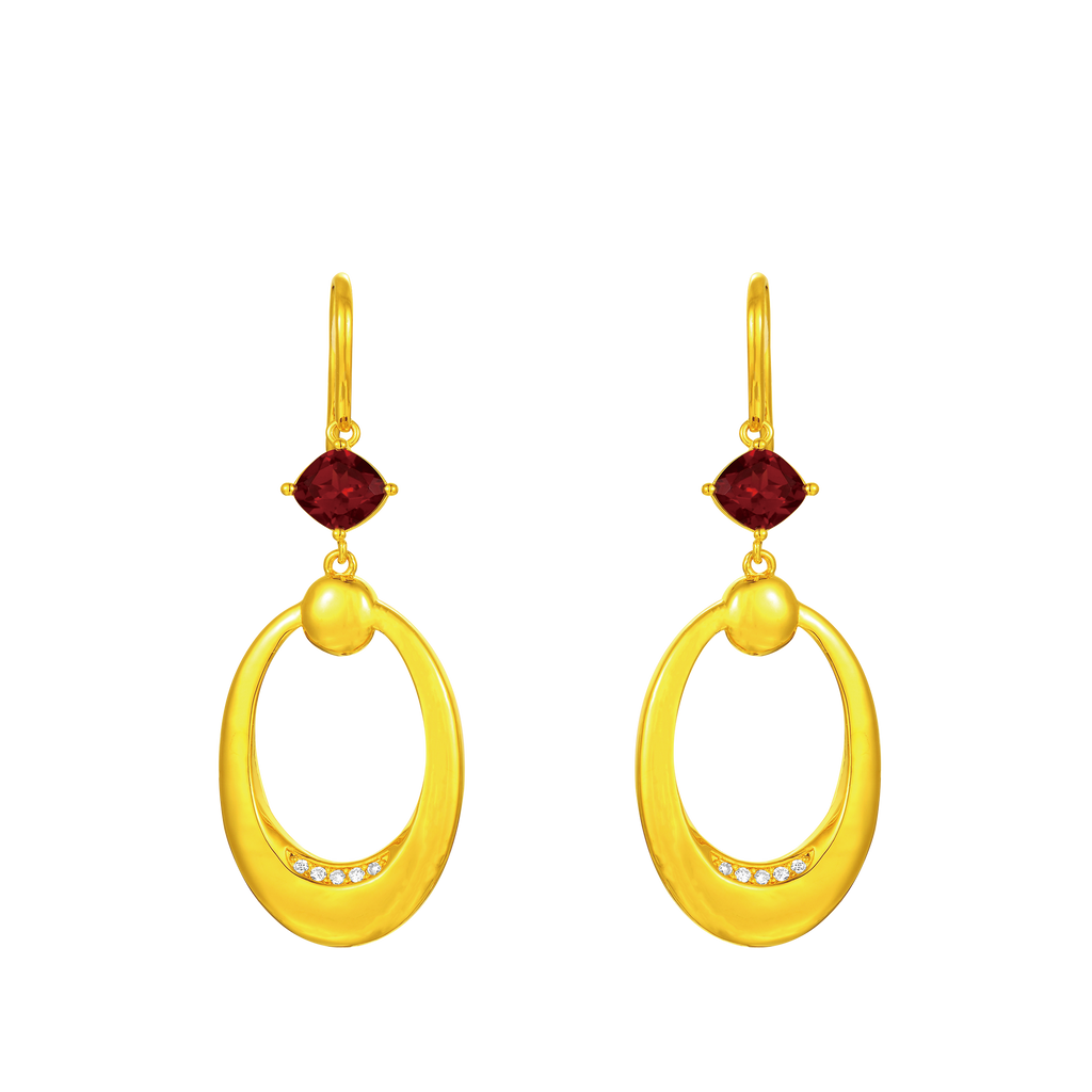 18K Yellow Gold Rotating Earrings, 3D Fashion Favorite Series, Garnet and Zircon Inlay, 5D-FDK0247
