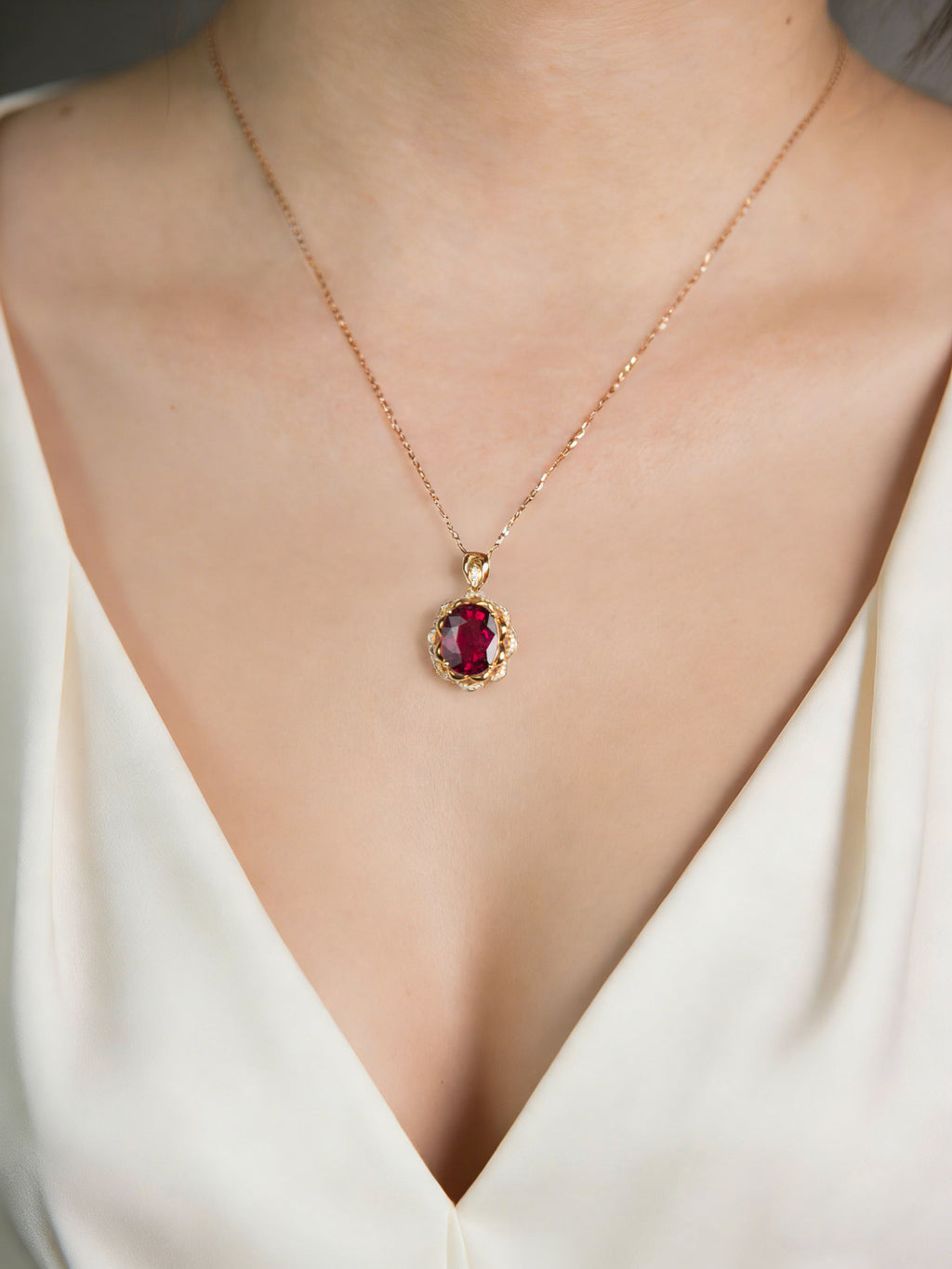 18K Red Tourmaline and Diamond Pendant